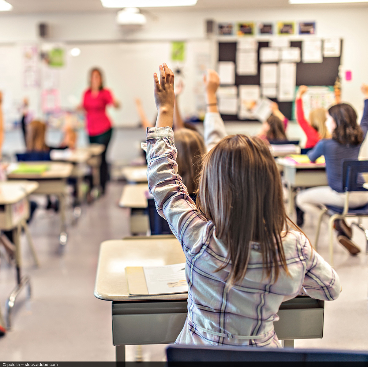 Kinder werden in einem Klassenzimmer unterrichtet und heben ihre Hand.