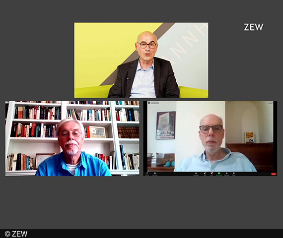 Bildschirmaufnahme von ZEW-Präsident Prof. Achim Wambach, Ph.D, sowie den beiden Autoren Keen und Slemrod.