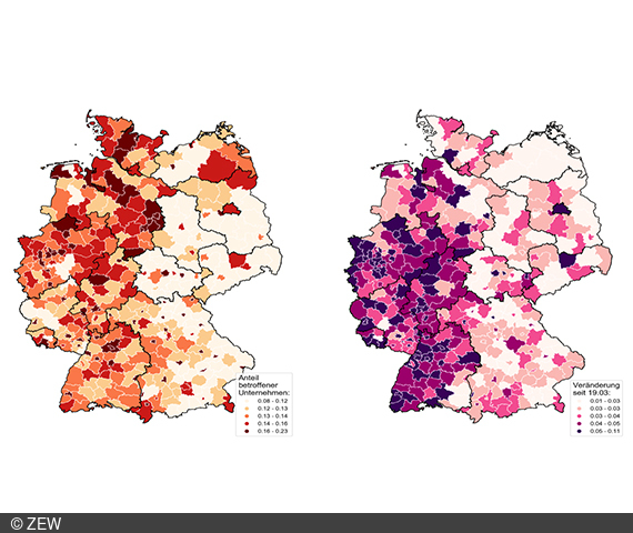 Die Webdaten-Analyse von ZEW und JLU zeigt einen Anstieg der von der Corona-Pandemie betroffenen Unternehmen.