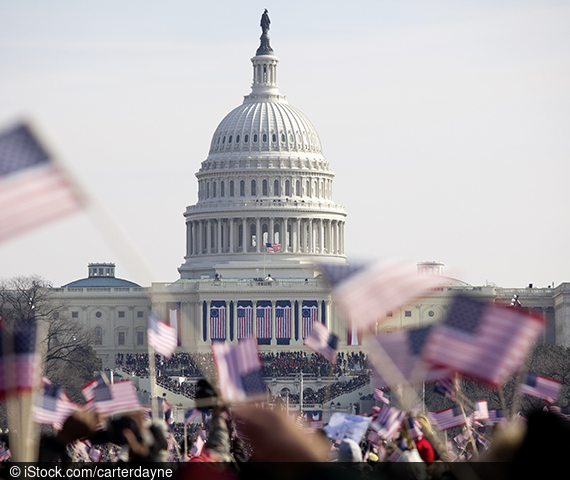 People waving the US flag in front of the Capitol.