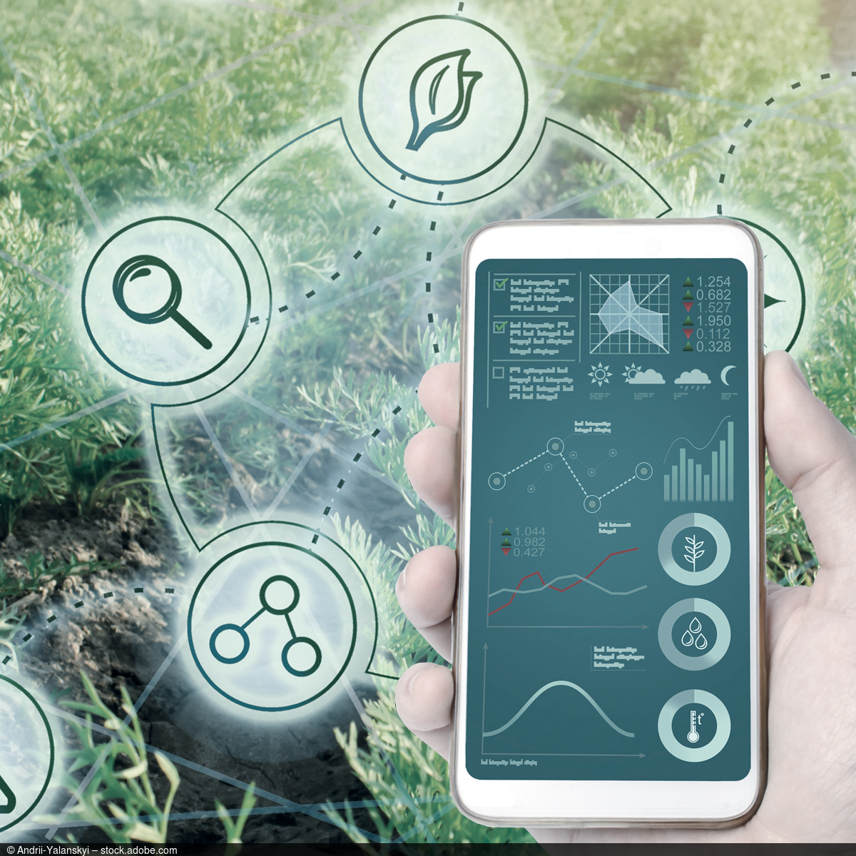 An app is open on a smartphone that graphically displays various environmental factors. In the background, the image shows a green field.