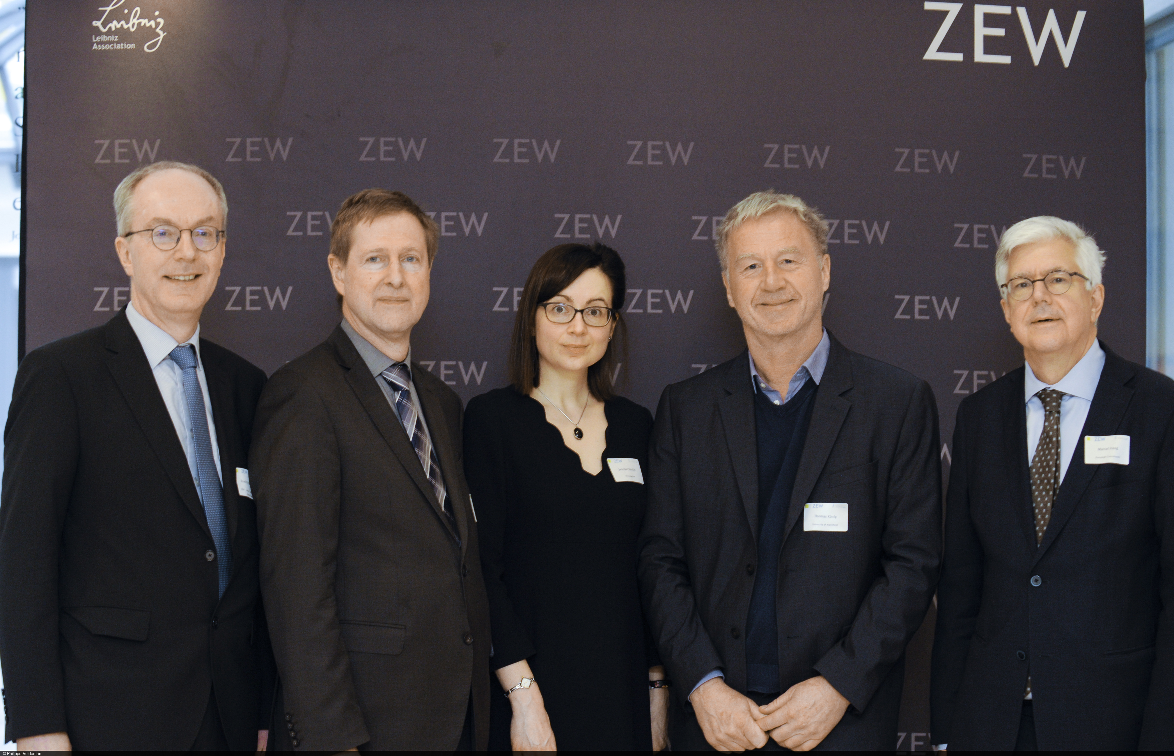 v. l.: Prof. Dr. Friedrich Heinemann, Eyke Peveling (stellvertretender Leiter der Landesvertretung Baden-Württemberg), Jennifer Rankin, Prof. Dr. Thomas König, Marcel Haag.