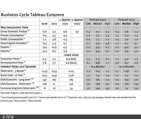 Table of the data collected in the economic tableau for the eurozone